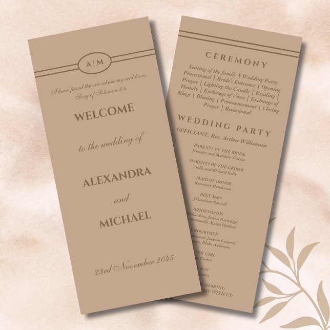 Programa de Casamento Cristão Bege Marrom Monogram (Criador carregado)