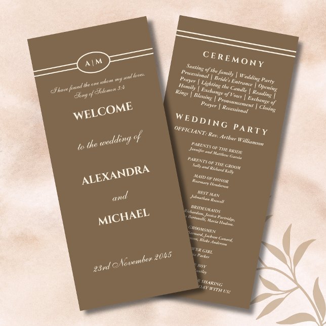 Programa de Casamento Cristão Marrom Creme Monogra (Criador carregado)