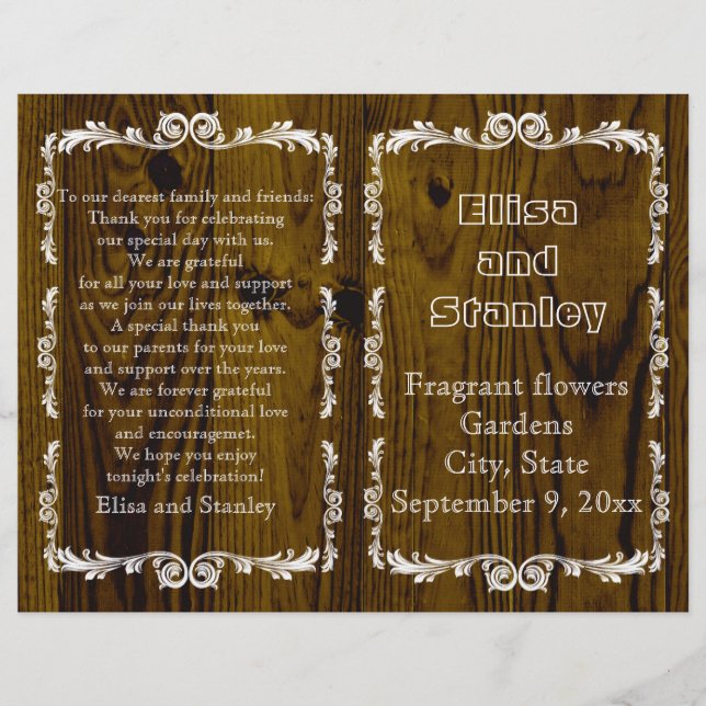 Programa de casamento da antiga madeira e da vinta (Frente)