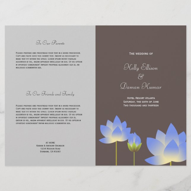 Programa de casamento da cinza moderna de flor azu (Frente)