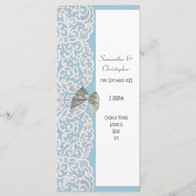 Programa de casamento da igreja azul-pastel e bran (Frente)