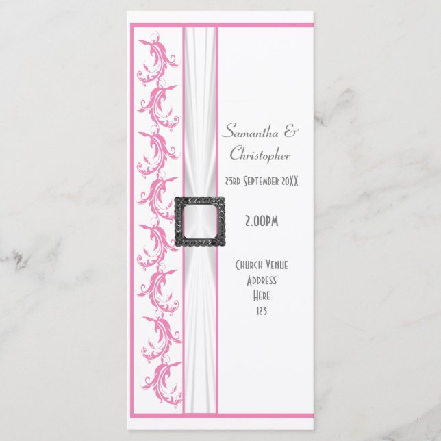 Programa de casamento da igreja rosa-pastel e bran (Frente)