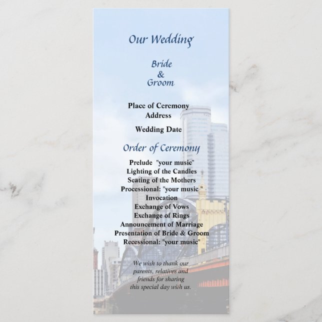Programa de casamento da Smithfield St Bridge e Sk (Frente)