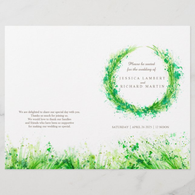 Programa de casamento da Watercolor Greenery Wreat (Frente)