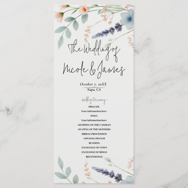 Programa de Casamento de Aquarela Floral de Flores (Frente)