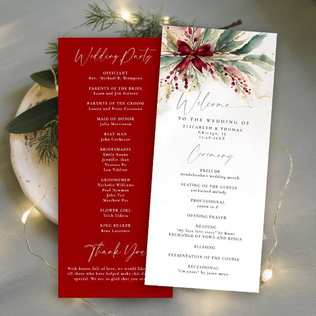 Programa de Casamento de Arcos Vermelhos de invern (winter wedding program christmas bow greenery berries watercolor elegant calligraphy)