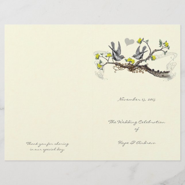 Programa de Casamento de Aves Vintage Amarelas e C (Frente)