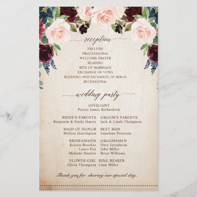 Programa de Casamento de Boho Russo Floral Marinho (Verso)
