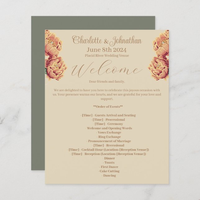 Programa de Casamento de Cactus Florido Elegante (Frente/Verso)