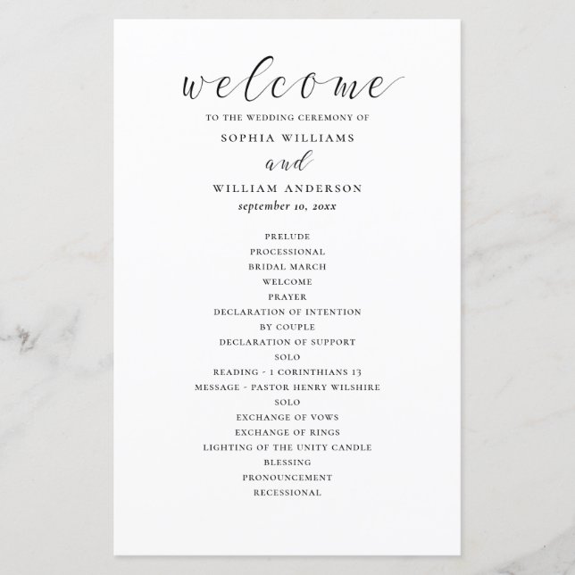 Programa de casamento de caligrafia preto e branco (Frente)