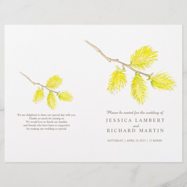 Programa de casamento de catkins amarelo-aquário (Frente)