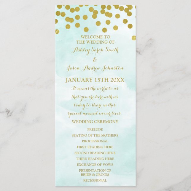 Programa de Casamento de Confetti Dourado por Aqua (Frente)