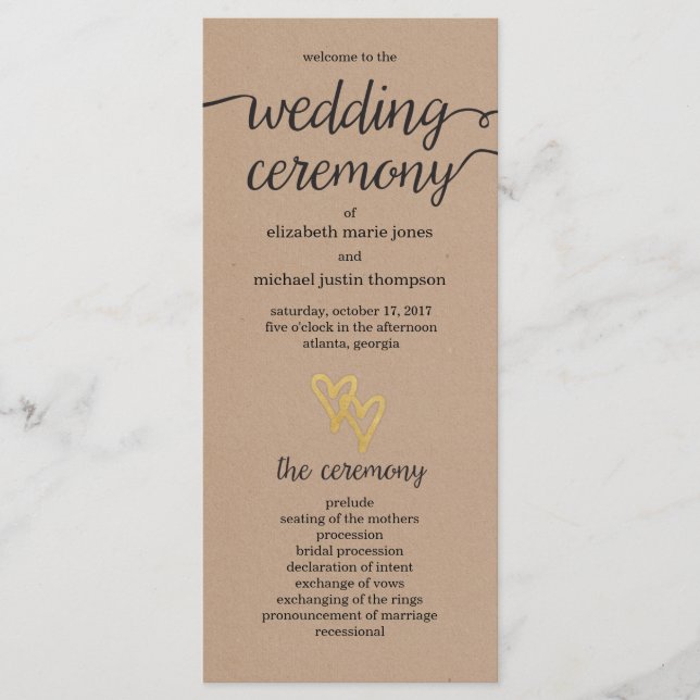 Programa de Casamento de Corações Dourados Kraft (Frente)