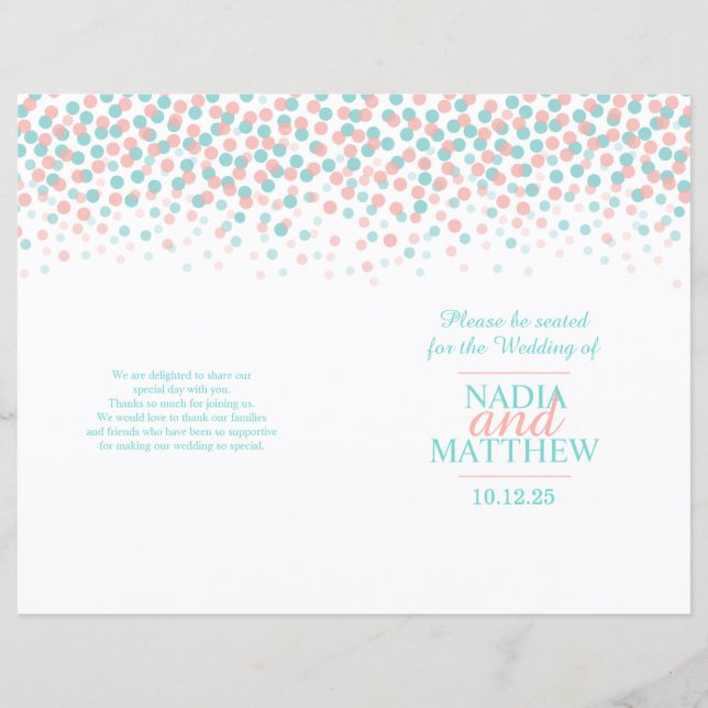 Programa de casamento de corais de pontos confetti (Frente)