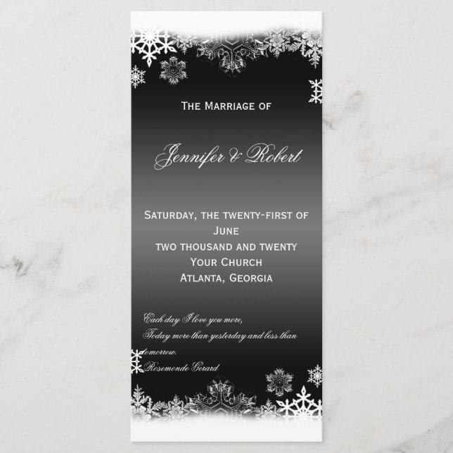 Programa de Casamento de Flocos de Neve Pretos e B (Frente)