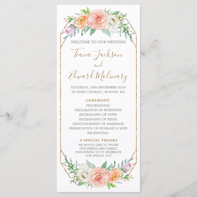 Programa de Casamento de Flores de Aquarela Geomet (Frente)