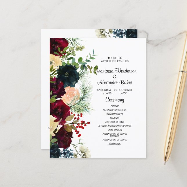 Programa de Casamento de Flores Elegantes do Orçam (Frente/Verso In Situ)