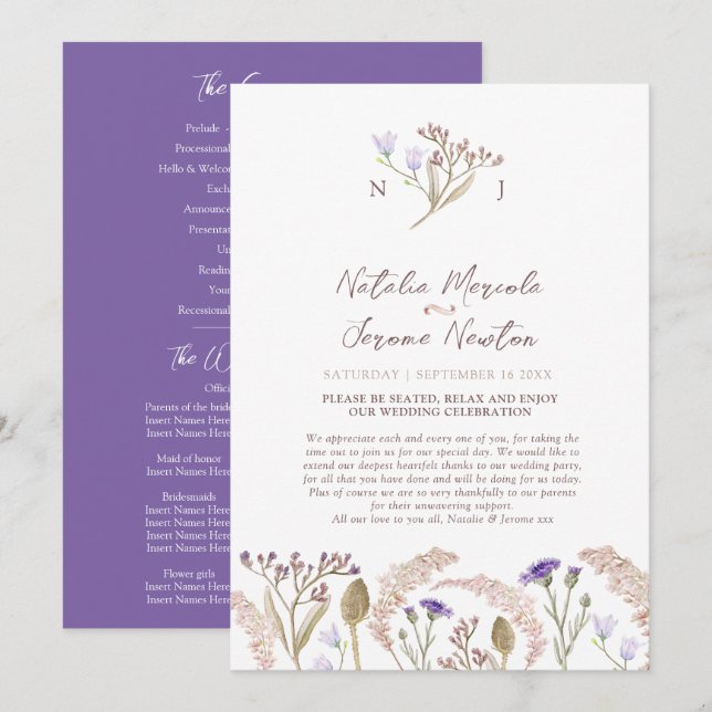 Programa de casamento de flores silvestres e gramí (Frente/Verso)