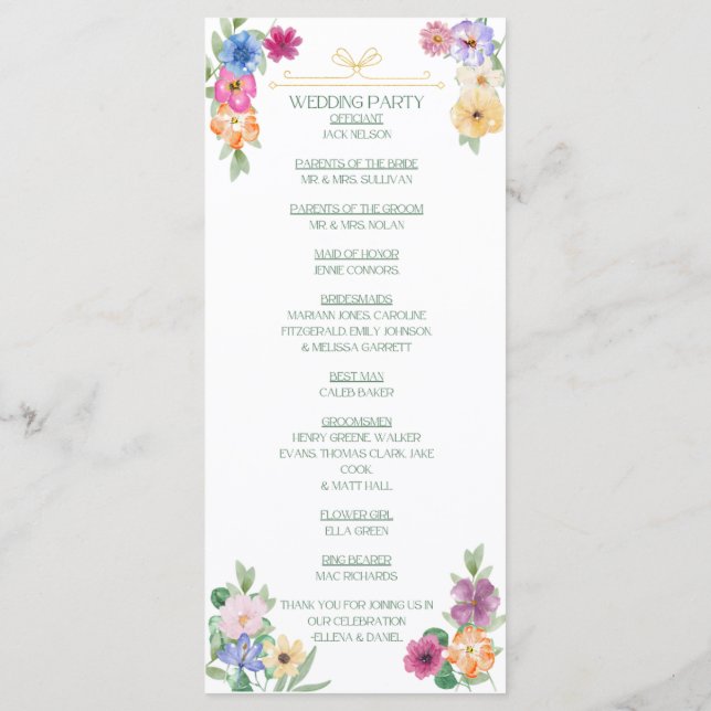 Programa de casamento de flores silvestres florais (Verso)