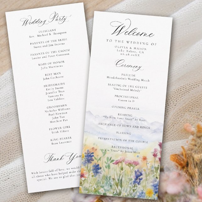 Programa de Casamento de Flores Silvestres nas Mon (mountains wedding program wildflowers meadow floral watercolor modern elegant rustic romantic)