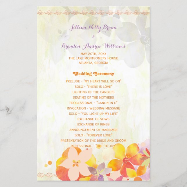 Programa de Casamento de Flores Tropicais de Aquar (Frente)