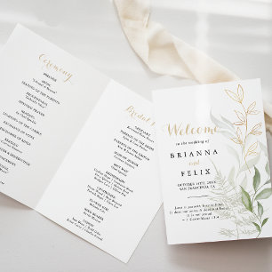 Programa de Casamento de Folhagem Verde Dourada