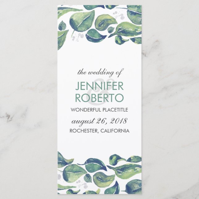 Programa de Casamento de Folhas de Coroa de Aquare (Frente)
