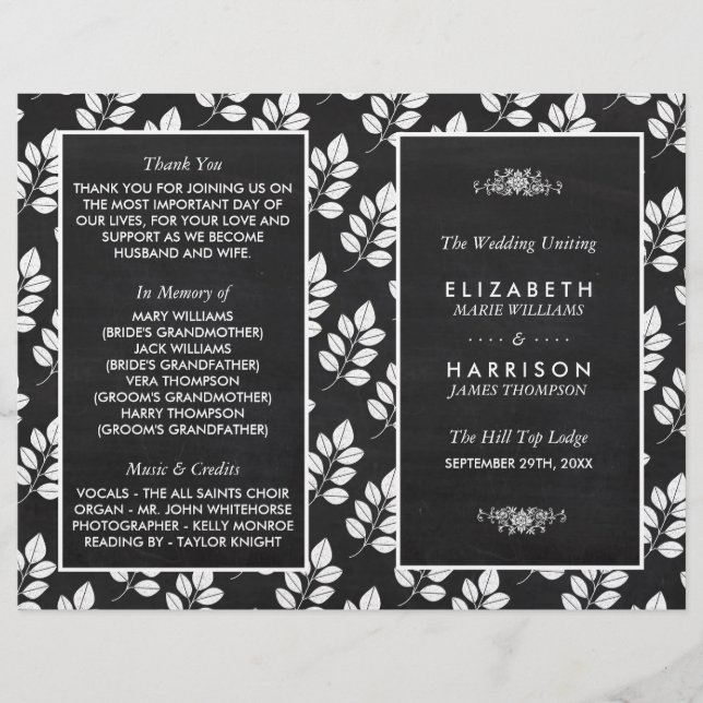 Programa de Casamento de Folhas Florais Chalkboard (Frente)