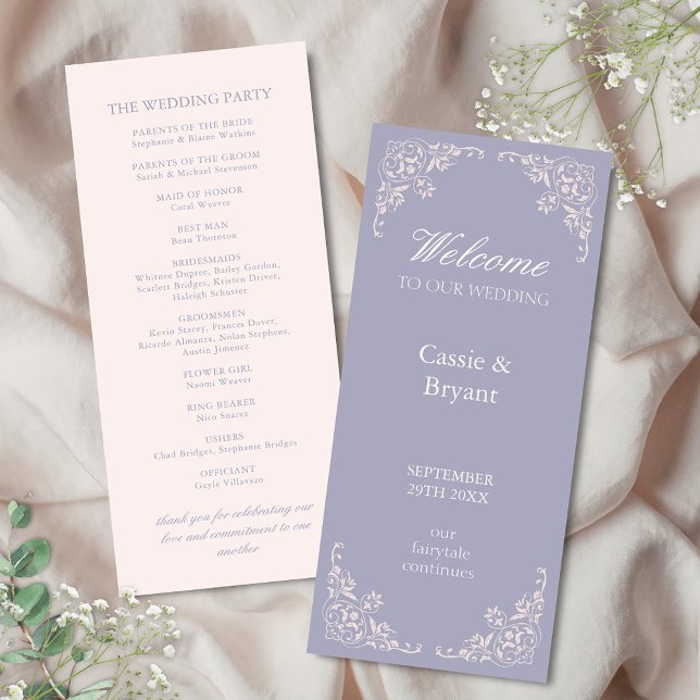Programa de Casamento de Fronteira Elegante Púrpur (elegant purple and blush pink wedding programs with vintage chic victorian border for regency era)