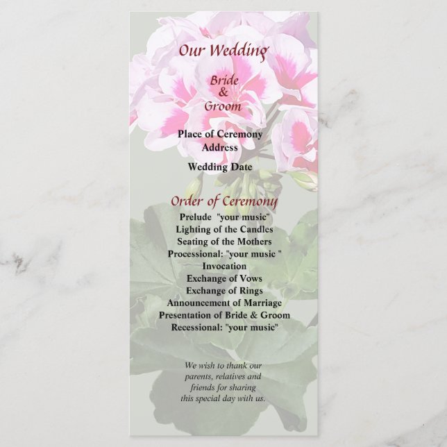 Programa de Casamento de Gerânio Rosa e Vermelho (Frente)