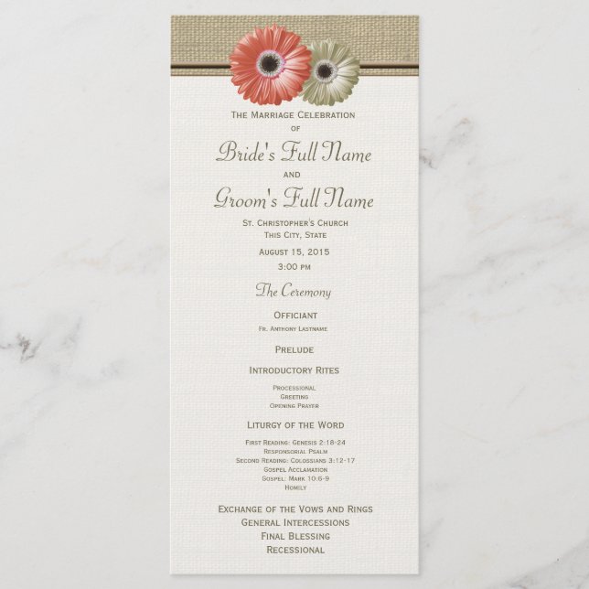 Programa de Casamento de Gerbera Daisy Coral e Mar (Frente)