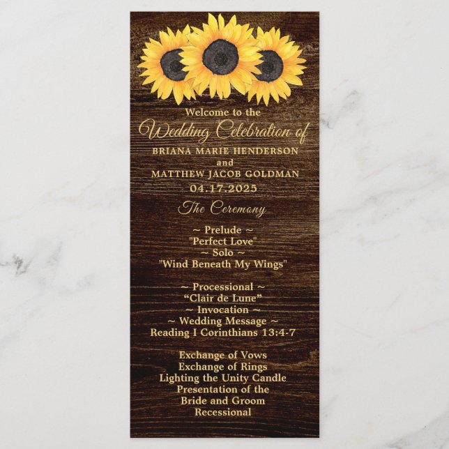 Programa de Casamento de Girassóis em Floral Rústi (Frente)
