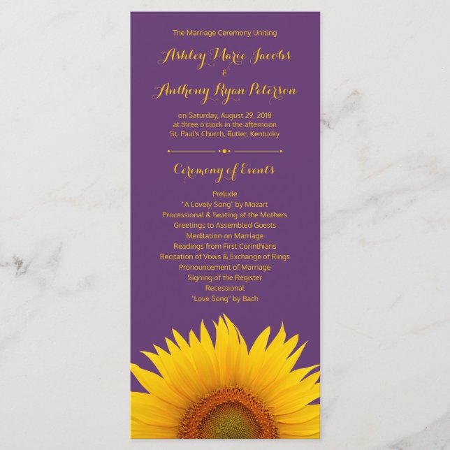 Programa de Casamento de Girassol Amarelo Roxo (Frente)