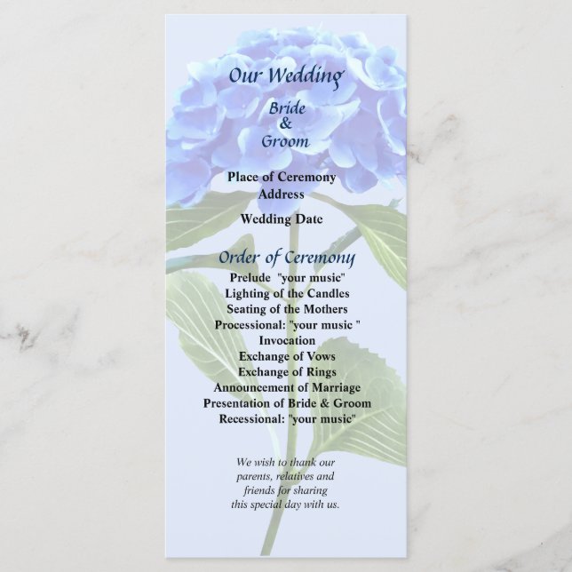 Programa de Casamento de Hortênsia Azul Vibrante (Frente)