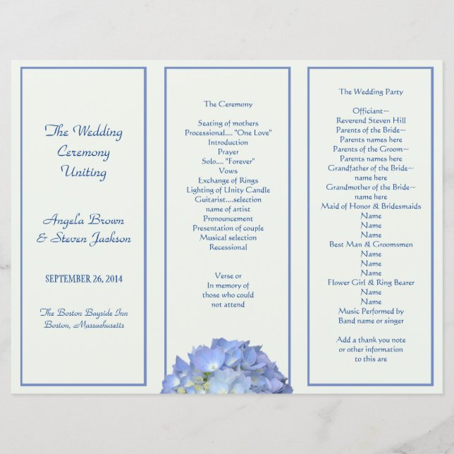 Programa de Casamento de Hydrangea Azul Verde Três (Frente)