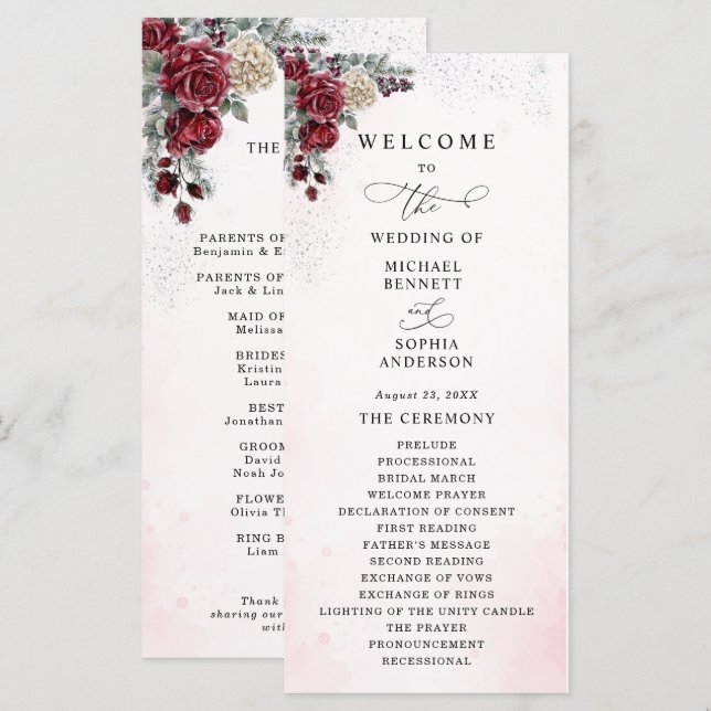 Programa de Casamento de Inverno Rosas Congeladas (Frente/Verso)