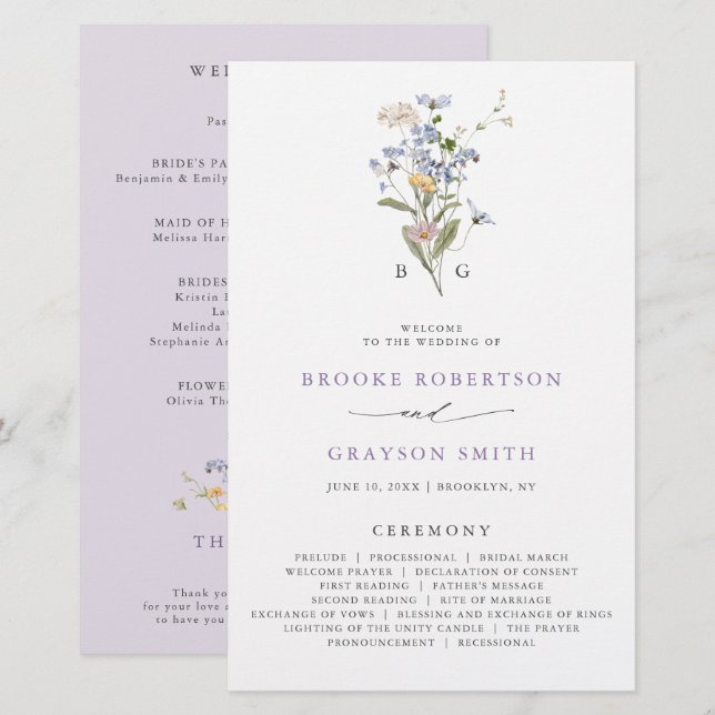 Programa de Casamento de Jardim com Prado de Flore (Frente/Verso)