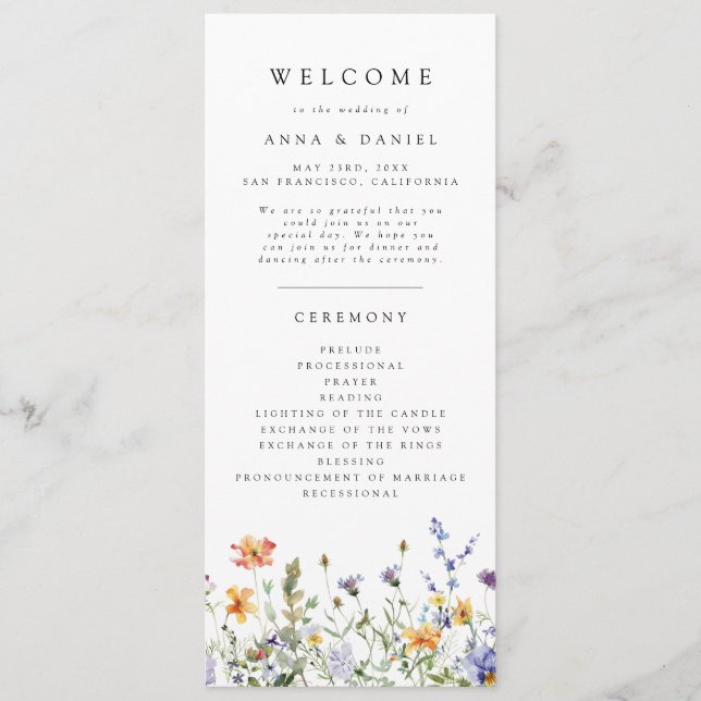 Programa de Casamento de Jardim de Flores Silvestr (Frente)