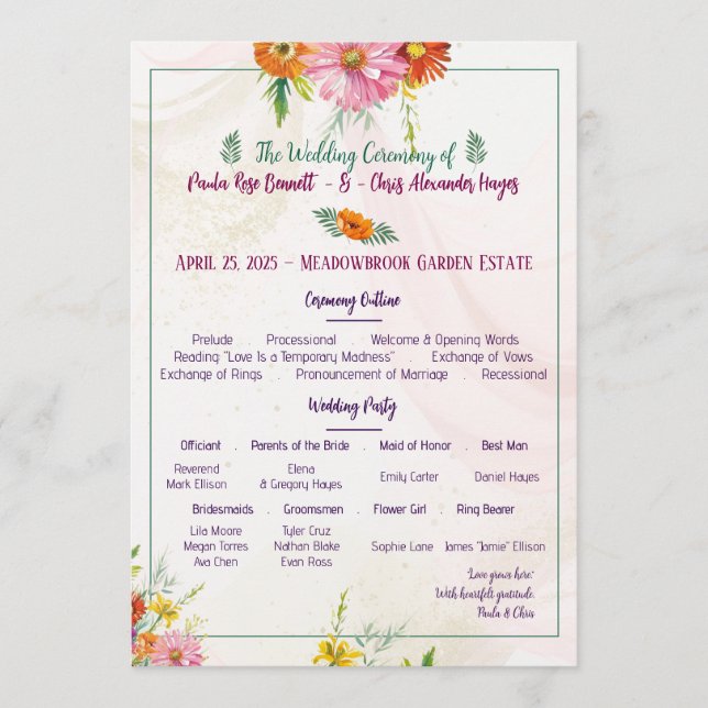 Programa de Casamento de Jardim de Flores Silvestr (Frente)
