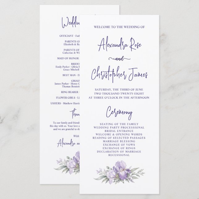 Programa de Casamento de Jardim de Íris em Aquarel (Frente/Verso)