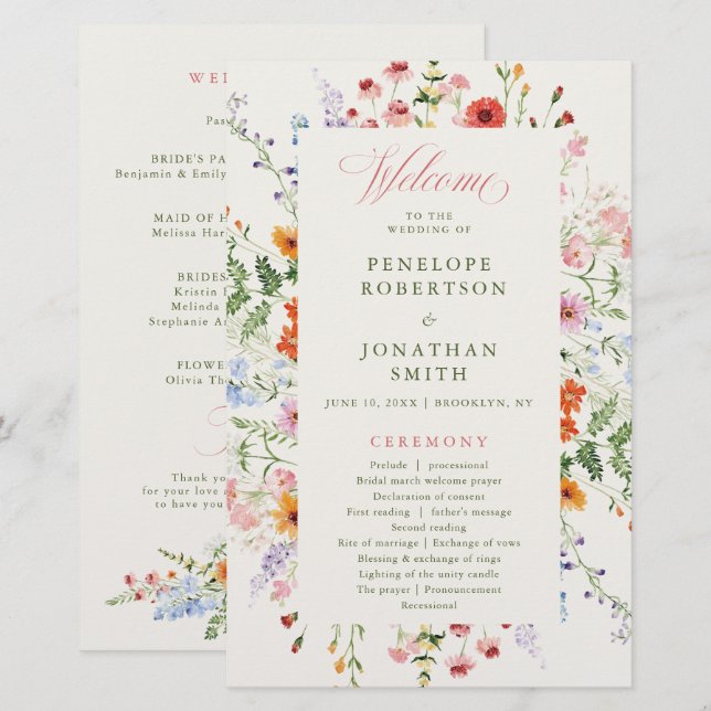 Programa de Casamento de Jardim de Primavera com F (Frente/Verso)