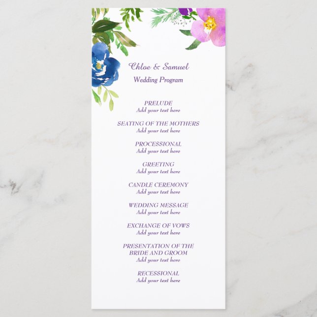 Programa de Casamento de Jardim Violeta Azul (Frente)