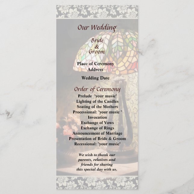 Programa de Casamento de Lâmpadas de Vidro e Flore (Frente)