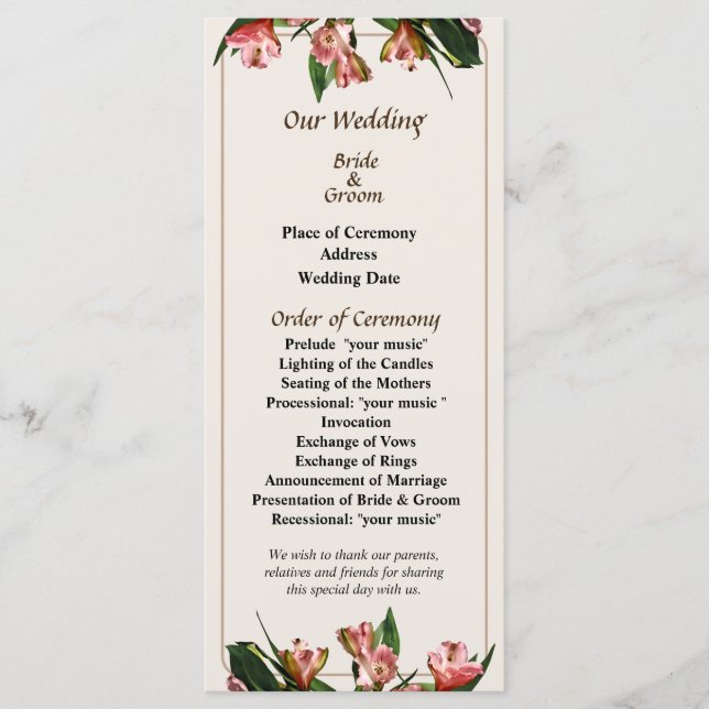 Programa de Casamento de Lírios Asiáticos e Folhas (Frente)