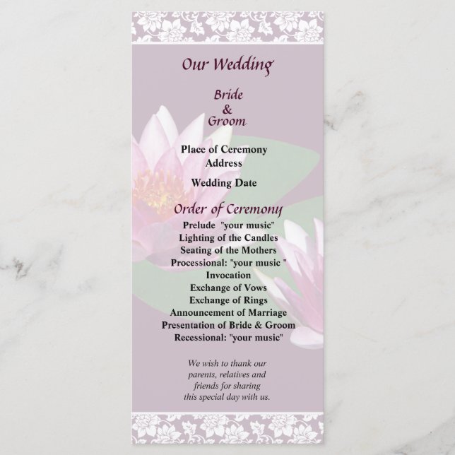 Programa de Casamento de Lírios de Água Rosa (Frente)