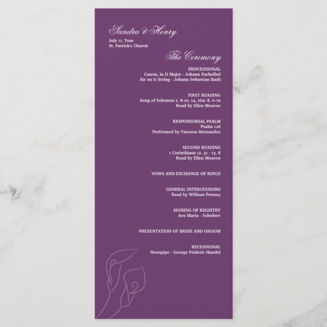 Programa de Casamento de Lírios Roxos Calla (Frente)