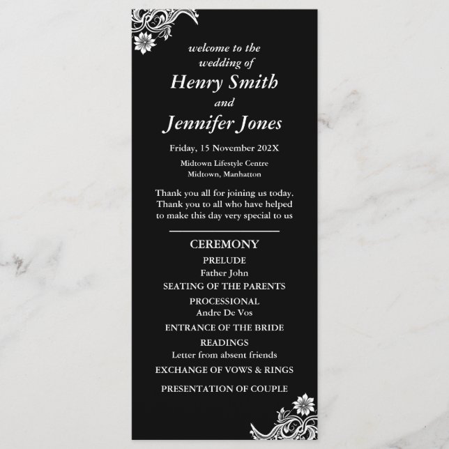 Programa de Casamento de Locais Negro e Branco (Frente)