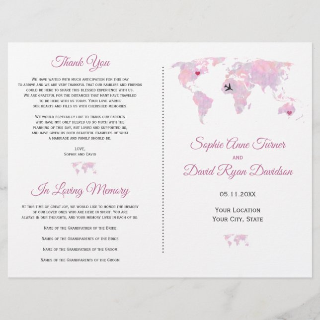 Programa de Casamento de Mapa Mundial de Aquarelas (Frente)