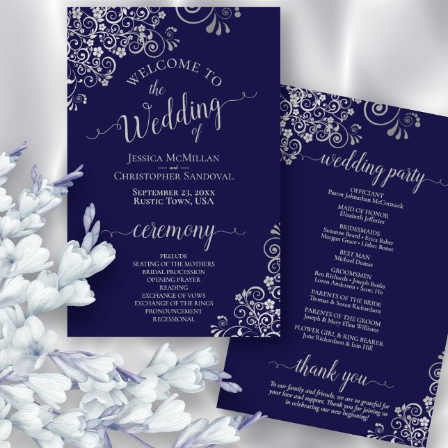 Programa de Casamento de marinho Azul e renda Silv (Front and Back)