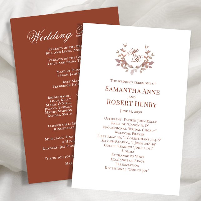 Programa de Casamento de Monograma Personalizado d (Elegant burgundy wedding ceremony program.)